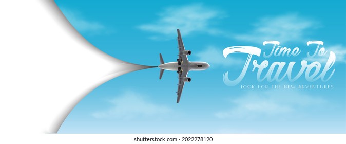 Time to travel vector flyer with white copy space and sky with airplane.