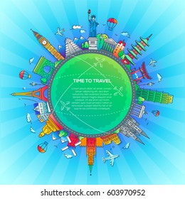 Time to Travel- vector illustration of flat design travel composition with famous landmarks icons and copy space