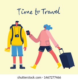 Time to travel. Vector illustration with isolated young man traveler in various activity with luggage and tourist equipment in flat design