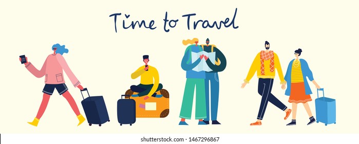 Time to travel. Vector illustration with isolated young man traveler in various activity with luggage and tourist equipment in flat design