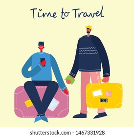 Time to travel. Vector illustration with isolated young man traveler in various activity with luggage and tourist equipment in flat design