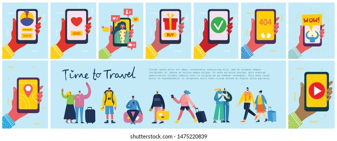 Time to travel. Vector illustration with isolated young people traveler in various activity with luggage and tourist equipment in flat design