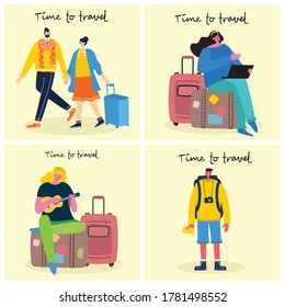 Time to travel. Vector illustration with isolated young people traveler in various activity with luggage and tourist equipment in modern flat design
