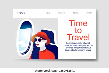 Time to travel, vector landing web page template with a young stylish woman looking through a plane porthole. 