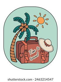 Time to travel. Vector lettering motivational emblem with quote and suitcase, palm trees, sun. Retro suitcase of traveler. Vintage travel bag for summer vacation. Hand drawn doodles in flat style.