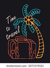 Time to travel. Vector lettering motivational emblem with quote and suitcase, palm trees, sun. Vintage suitcase for summer vacation. Hand drawn doodles in line style. Line contour  in sketch style.