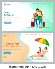 Time to travel vector, people holding map standing with baggages. Man and woman relaxing by seaside in warm countries, couple laying in sun. Website or webpage template, landing page flat style