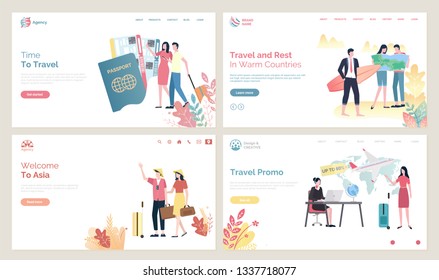 Time to travel vector, people wearing Chinese hats from Asia. Passport and flight tickets, couple with baggage, agency with offer sale on tours. Website or webpage template, landing page flat style