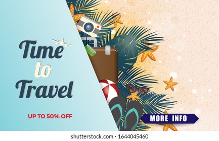 Time to travel vector poster with  attributes of the beach and stars, travelling and tourism banner. Vector illustrasion.
