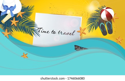 Tiempo de viajar afiche vectorial con atributos de la playa y hojas tropicales, viajes y banner de verano. Ilustración vectorial.