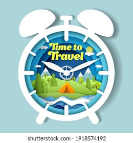 Time to travel vector poster banner design template. Paper cut craft style clock with tourist tent on river bank, forest and mountain landscape. Summer camping, hiking, trekking.