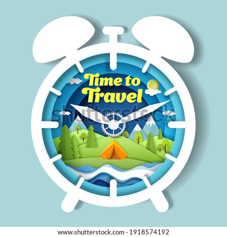 Time to travel vector poster banner design template. Paper cut craft style clock with tourist tent on river bank, forest and mountain landscape. Summer camping, hiking, trekking.