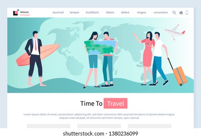 Time to travel vector, relaxed people couple looking at map, man and woman traveling on holidays and spending time together. Arrivals pair with baggage. Website for travel agency, landing page flat