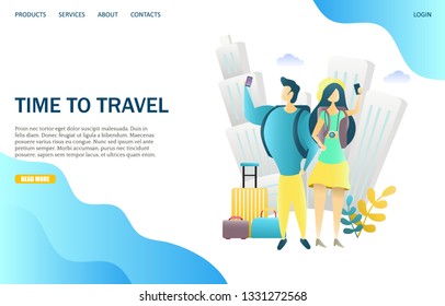 Time to travel vector website template, web page and landing page design for website and mobile site development. Couple travelers with suitcases and backpacks taking selfie.