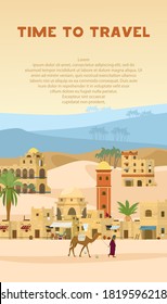 Time To Travel Vertical Vector Banner With illustration of Ancient Arabic Town In desert landscape with traditional mud brick houses,  palms, bedouin with camel. Flat Design.