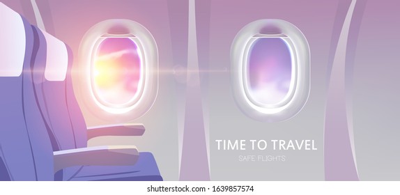 Time to travel. View from airplane advertising services design website for travelling. Vector illustration.
