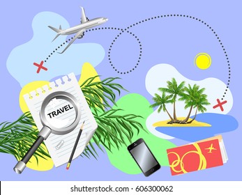 Time to travel. Web advertising banner for vacation trip and travel concept. Route planning, phone, flight tickets, and airplane route to seaside with palms and beach. Modern flat design.