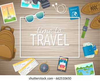 Time to travel web banner design. Preparing for vacation, travels, journey. Top view of luggage, photos, air ticket, passport, wallet, camera, compass, headphones, shoes, watch. Vector illustration