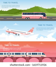 Time to travel web banner vector templates set. Tourist agency advertisement designs pack. Airway, railway and road transportation. Airplane, bus and train cartoon illustrations with text space.