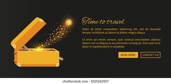 Time to travel web poster with open suitcase and magical mirror from it vector illustration on black background. Luggage with golden sparkle