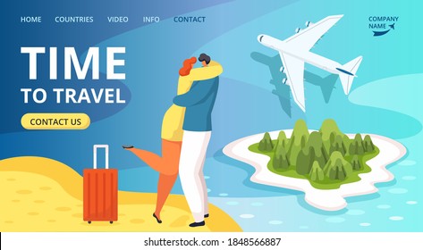 Time to travel website template with happy travelers people and plane, tourism vector illustration. Man and woman with luggage, traveling to warm countries on airplane. Summer vacation.
