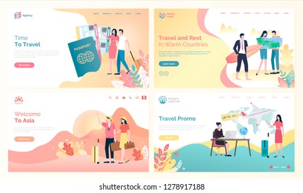 Time to travel websites with people and destinations vector. Man and woman with tickets, traveling to Asia, and warm countries, surfer with board set in flat style