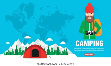 Zeit zu reisen. Wintercamping Konzept Design flach Banner. Vektorgrafik