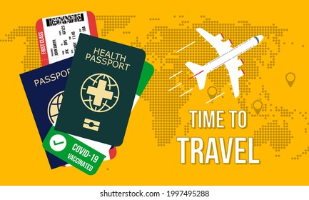 time to travel without limits concept, national passport with boarding pass and health passport with covid-19 vaccination confirmation, flat style vector illustration