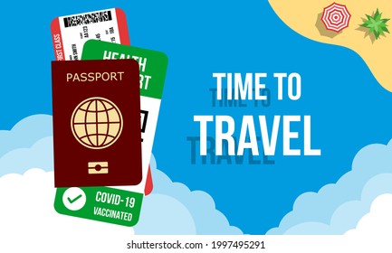 concepto de tiempo de viaje sin límites, pasaporte nacional con tarjeta de embarque y tarjeta de confirmación de vacunación covid-19, ilustración vectorial de estilo plano