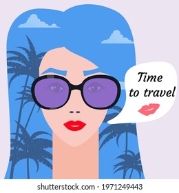 Time to travel, woman face portrait in sunglasses, vacation, summer resort. Palms and clouds are reflected in sunglasses. Vector illustration poster