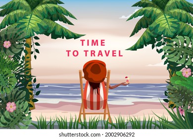 Time To Travel Woman lying on deck chair with cocktail in hand, resort tropical coast. Exotic sea ocean shore sand, palms. Vector illustration retro vintage poster