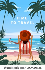 Time To Travel Woman lying on deck chair with cocktail in hand, resort tropical coast. Exotic sea ocean sunset shore sand, palms. Vector illustration retro vintage poster