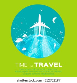 Time to Travel. World map background in polygonal style with top view airplane. Vector illustration design.