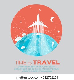 Time to Travel. World map background in polygonal style with top view airplane. Vector illustration design.