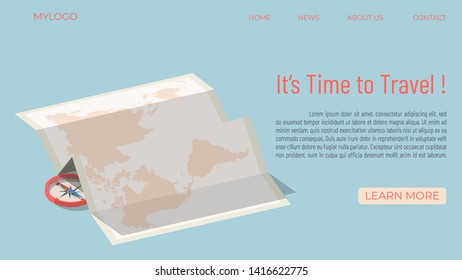 It's time to travel. World map and compass. Travel to the world. Vacation. Road trip. Tourism. Template travel web page. Trip. Travel illustration. Isometric design - vector graphics