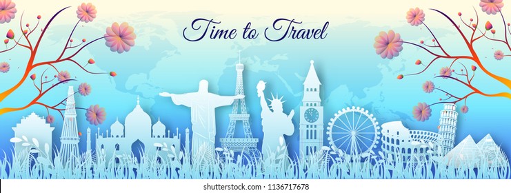 Time To Travel The World Monuments, Paper Art Design. Web Header Template.