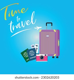 Time to travel the world vector design. Travel and explore the world in different countries and destinations with traveling elements like bags and transportation in blue background. Vector