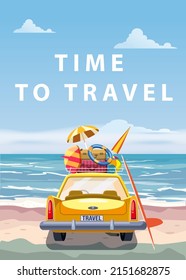 Time to travel yellow car with luggage bags, surfboard on the beach. Tropical seachore, palms, sea, ocean, back view. Vector illustration retro cartoon