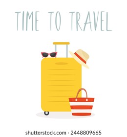 Time to travel yellow suitcase with sunglasses, beach bag and hat. Summer travel luggage. Vector illustration.