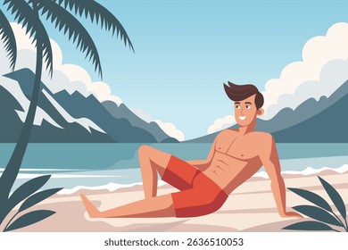 Time to travel. Young man sunbathing on the beach. Summer time, vacation concept. Travel illustration.