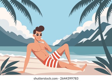 Time to travel. Young man sunbathing on the beach. Summer time, vacation concept.