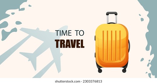 Time to travel..Background with yellow, plastic suitcase, airplane.Vector illustration.