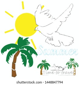 Time to travel.Holiday scene with pigeon,sun and palm.Vacation.