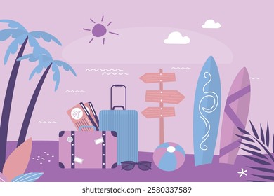 Time to traveling, planning a summer vacation, tourism and journey objects and passenger luggage. Summertime, travel concept banner. flat vector illustration