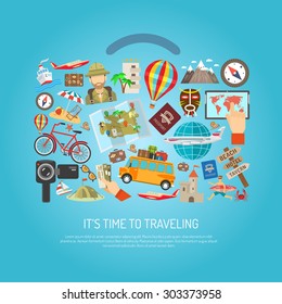 Time to traveling text attribution symbols and character flat color concept vector illustration 