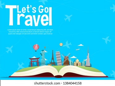 It’s Time to Travel.Open book with landmarks. Travelling vector banner.