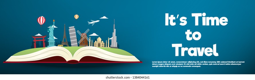 It’s Time to Travel.Open book with landmarks. Travelling vector banner.