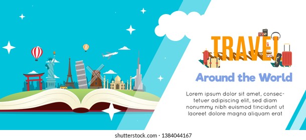 It’s Time to Travel.Open book with landmarks. Travelling vector banner.