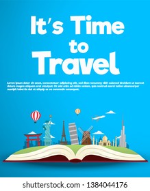 It’s Time to Travel.Open book with landmarks. Travelling vector banner.