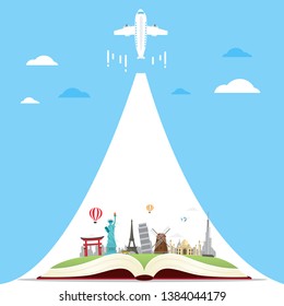 It’s Time to Travel.Open book with landmarks. Travelling vector banner.